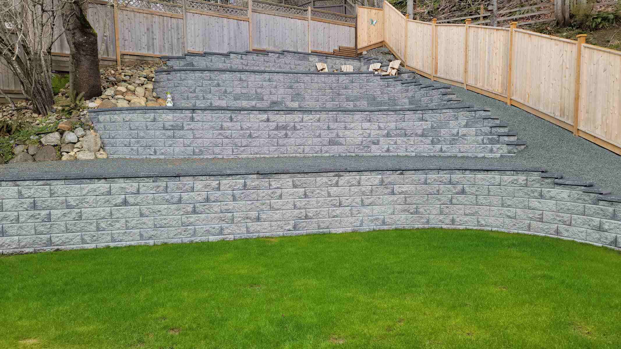 25_Side view of a completed retaining wall installation by Back40 Landscaping in Mission, BC