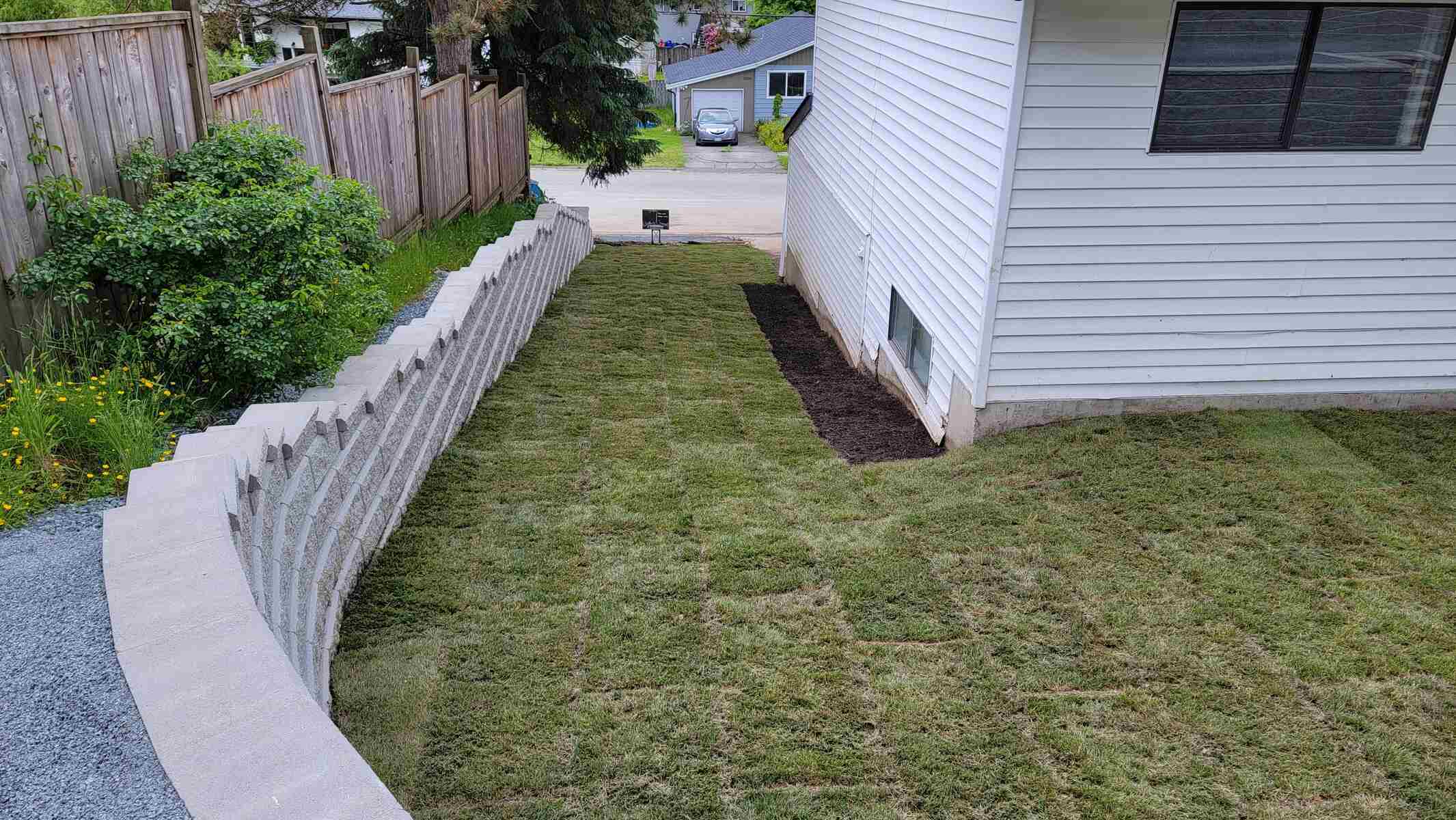 15_Side yard landscaping with sod and retaining wall installation by Back40 Landscaping in Mission, BC