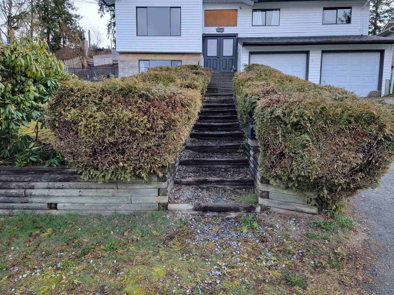 4_Front yard with stairs, hedges, and retaining walls in Mission, BC, by Back40 Landscaping