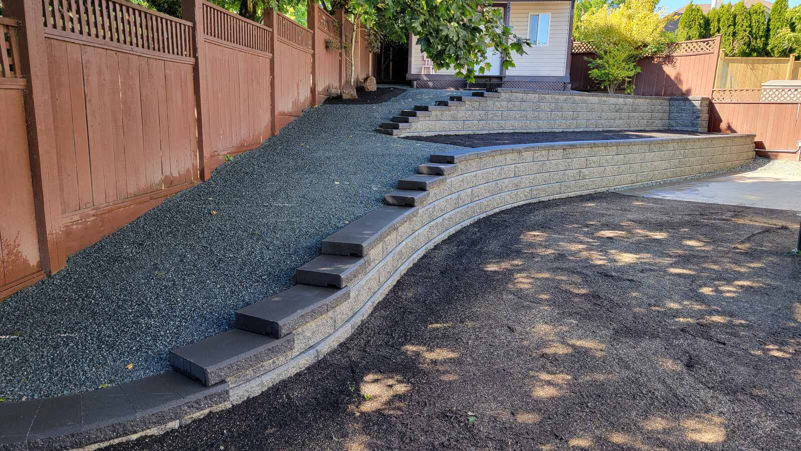 Backyard retaining wall section showcasing gravel fill by Back 40 Landscaping, Langley, BC