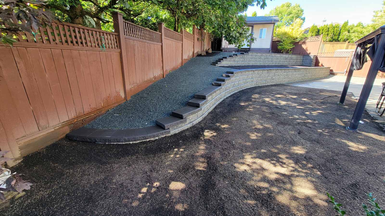 Side view of a well-structured retaining wall by Back 40 Landscaping, Langley, BC