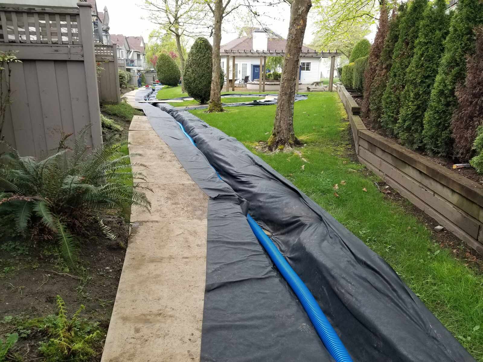 Landscape preparation for drainage with black tarp and piping by Back 40 Landscaping in Abbotsford, BC